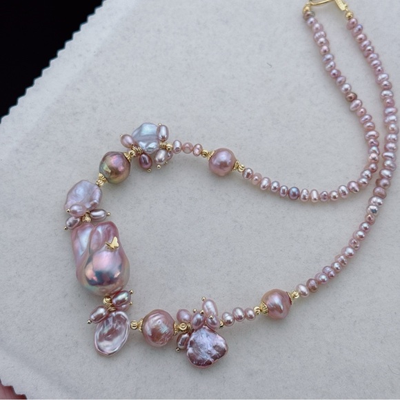 D44 Handmade Freshwater Baroque Pearl Necklace with Flame Ball Pendant - Picture 4 of 8